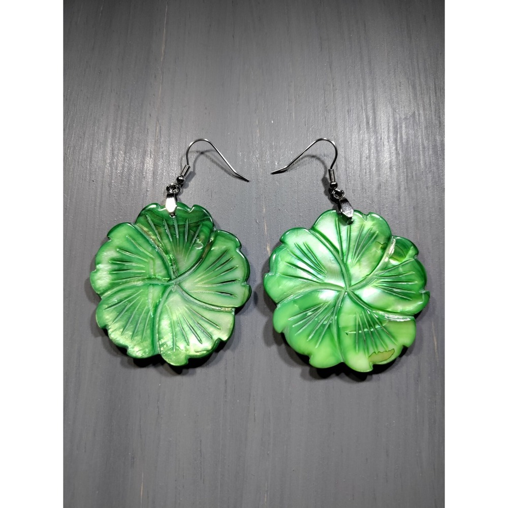 TrailerSpark Green Mother of Pearl Hibiscus Flower Carved Dangle Earrings
